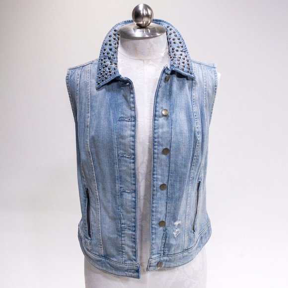 Guess M Sleeveless Jean Jacket Vest Layer Studded Collar Pattern Back Crop Top - Picture 1 of 16